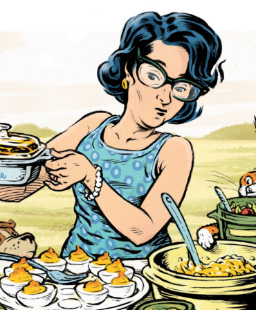 An illustration of a woman at a potluck holding a casserole dish