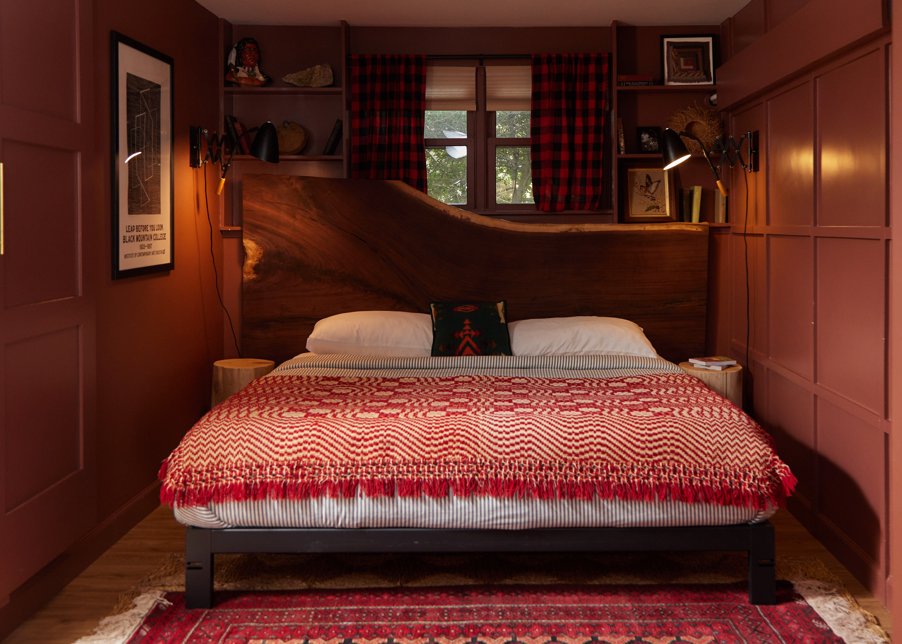 A rustic room with red details