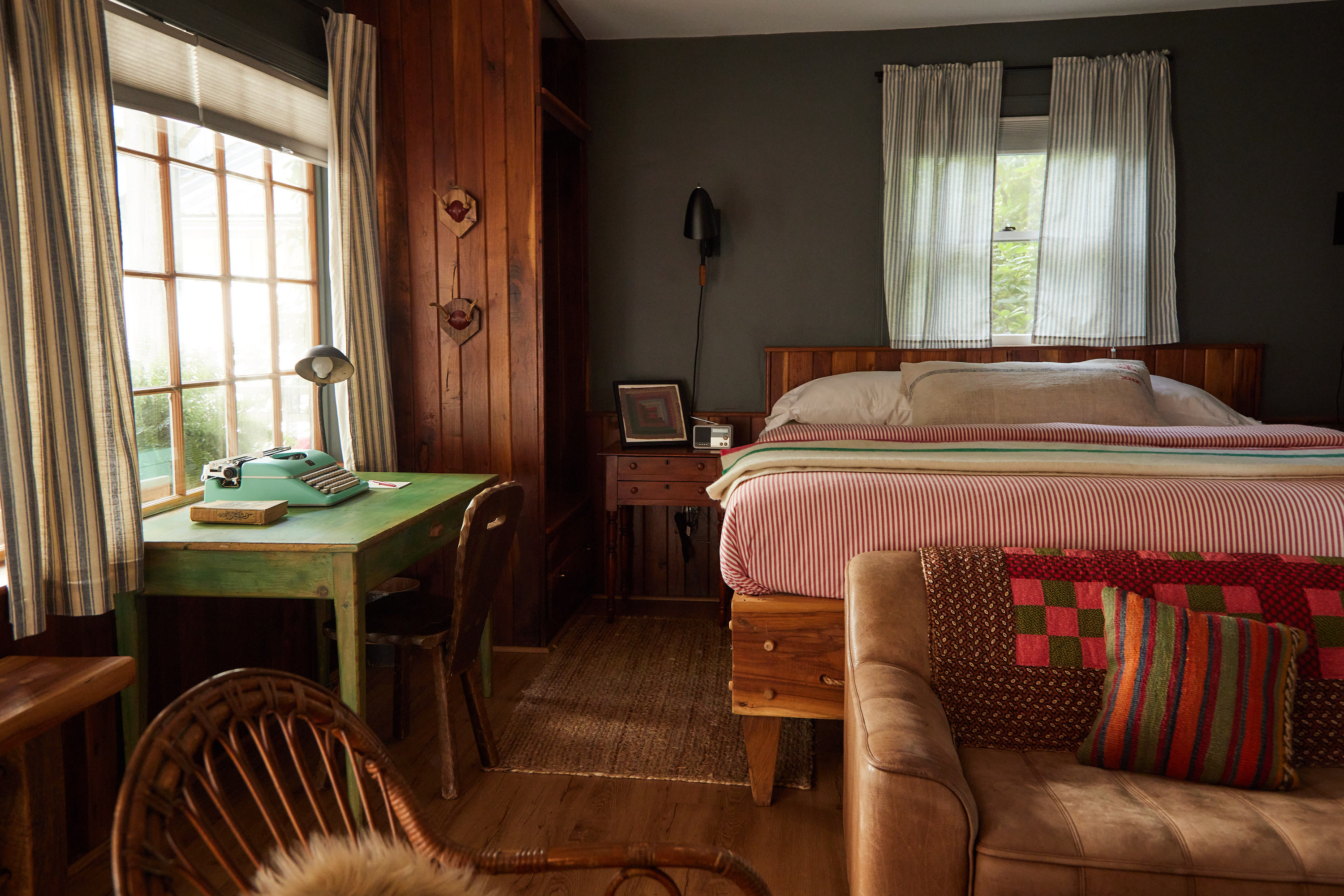 A guest room with rustic details