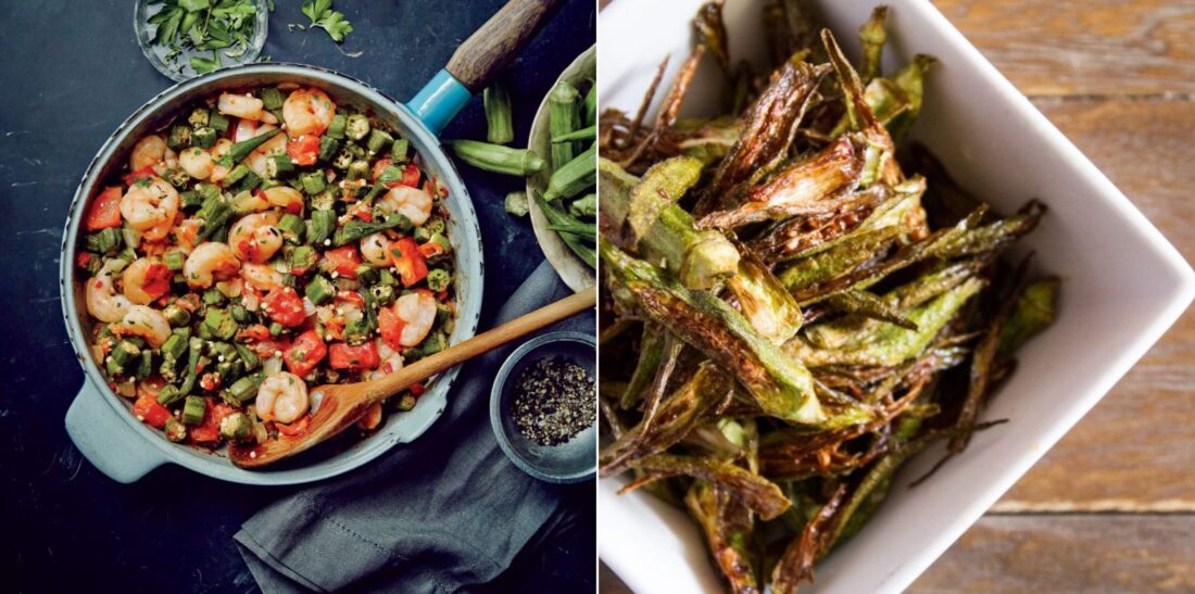 Sautéed Shrimp and Okra
in a pot; okra fries in a bowl