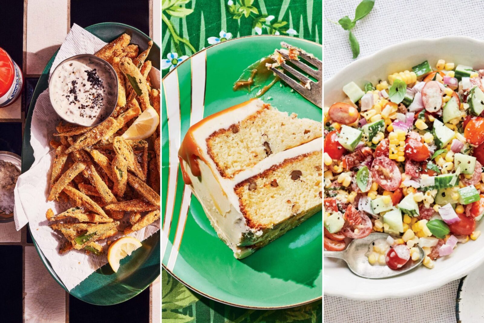 A collage: Fried okra sticks; a slice of cake; corn salad