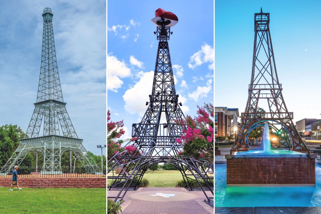 A collage of three Eiffel Tower replicas. From left to right, they are located in Tennessee, Texas, and Arkansas.