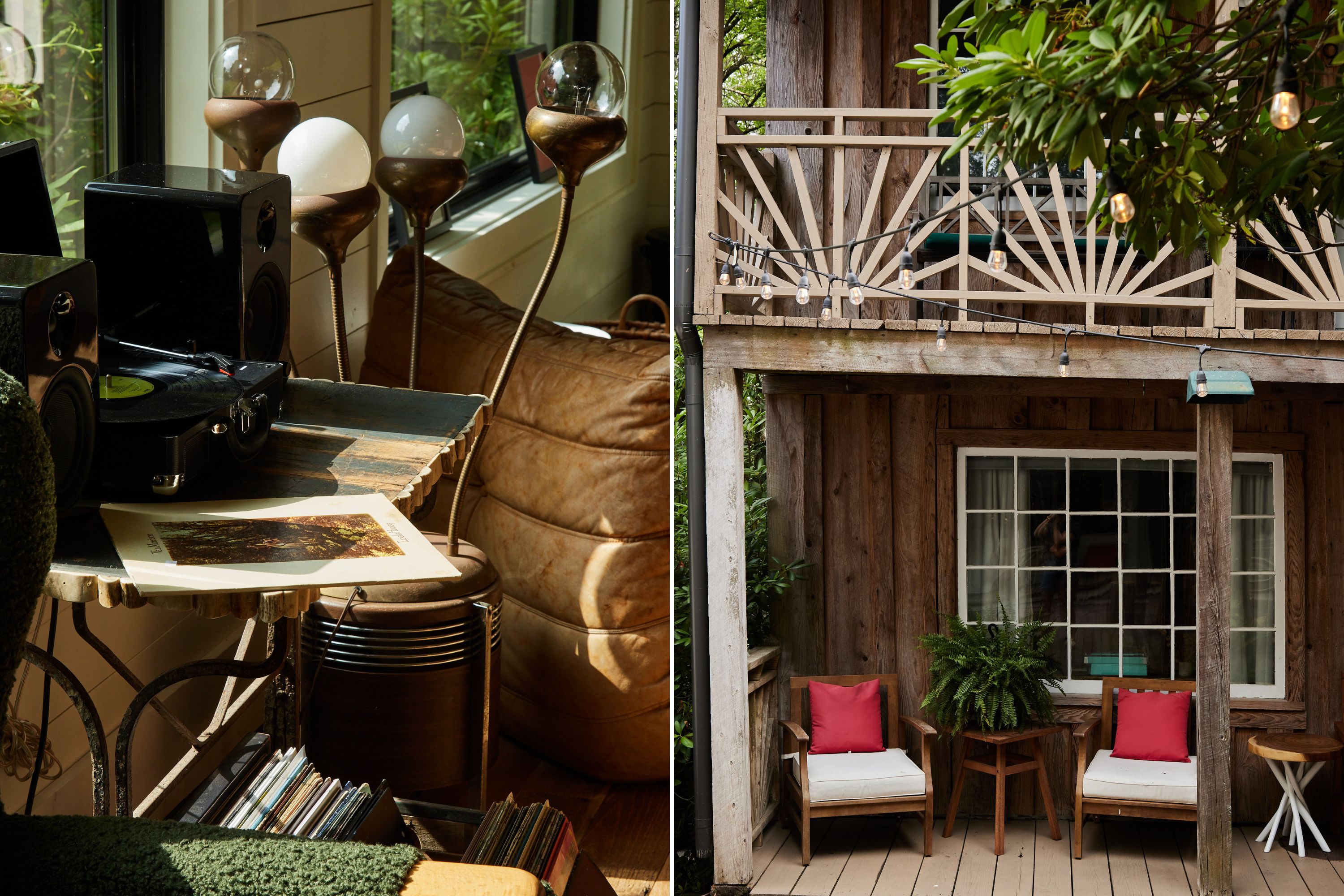 A record player on a table; a rustic porch.