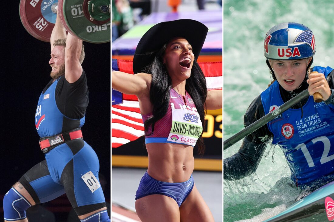 A collage of three athletes: a weight lifter, a runner with a hat and flag, and a woman paddling in a kayak.