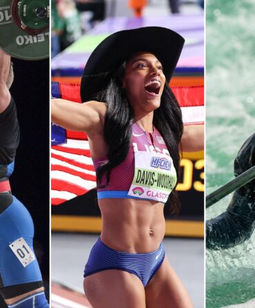 A collage of three athletes: a weight lifter, a runner with a hat and flag, and a woman paddling in a kayak.