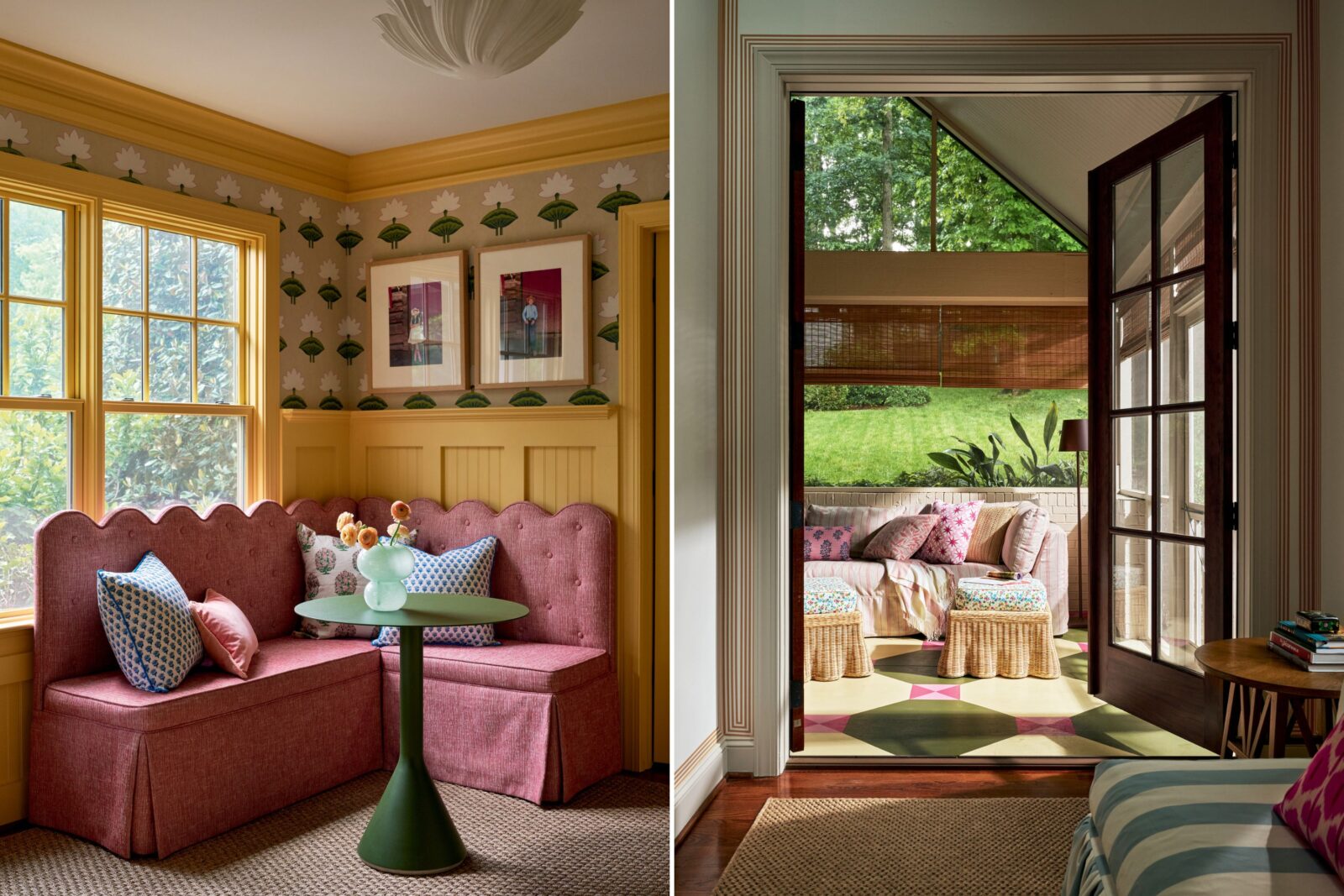 A yellow nook with red scalloped seating and floral wallpaper; a door opens to a porch.