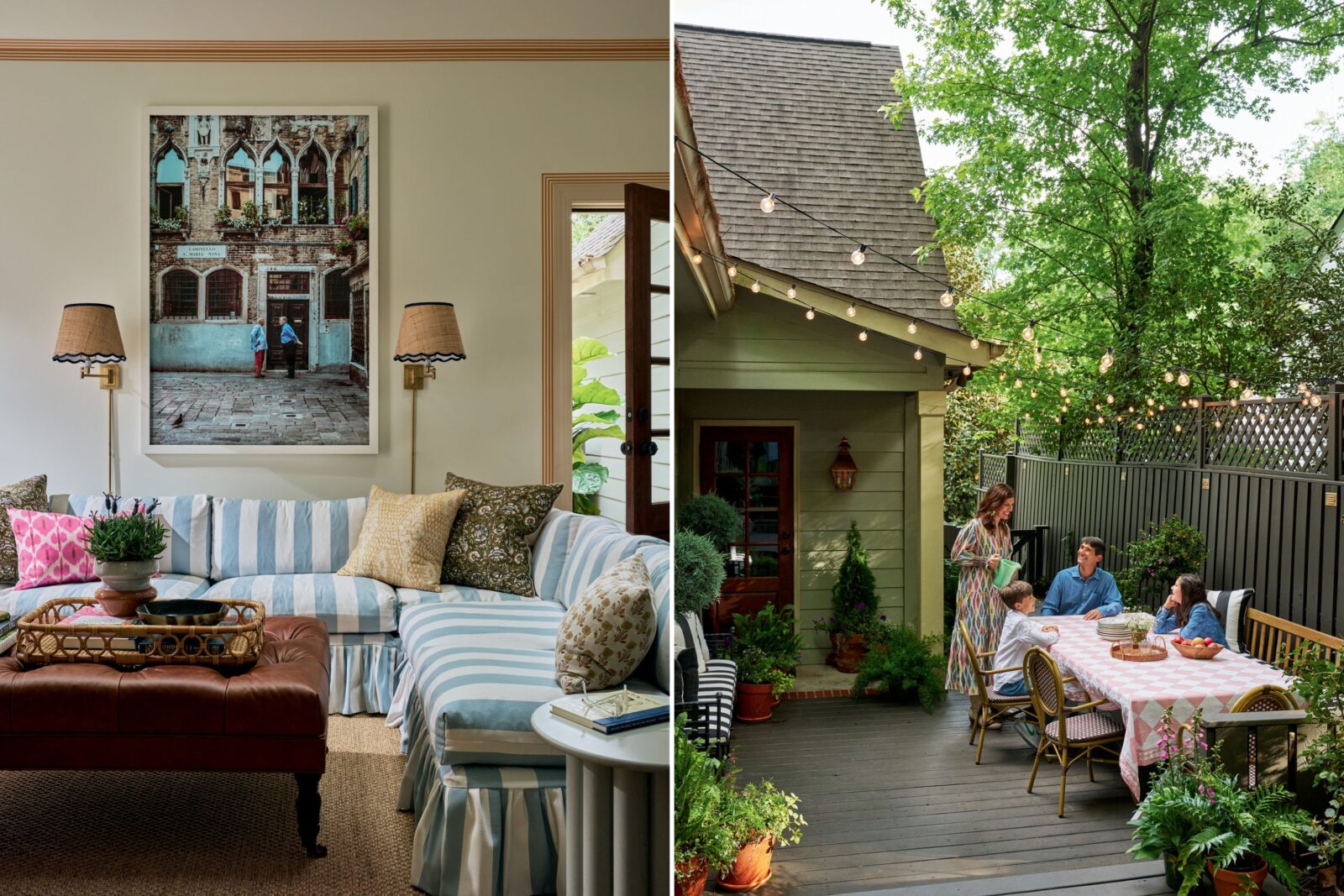 A blue and white striped couch in a den; an outdoor patio with a family sitting at a table