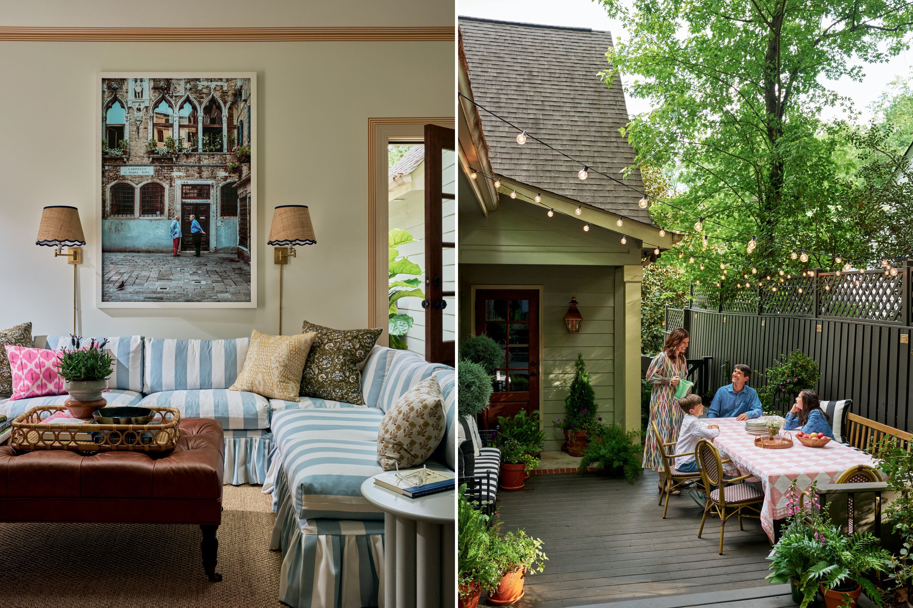 A blue and white striped sofa in a study; an outdoor terrace with a family sitting at a table