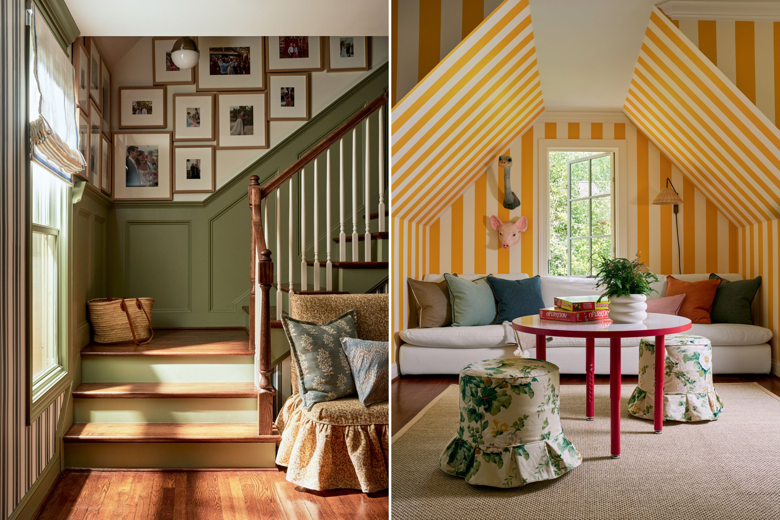 A green staircase with family photos; a yellow and white striped playroom