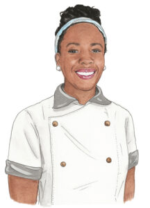 An illustration of a portrait of a woman. She is wearing a chef's uniform