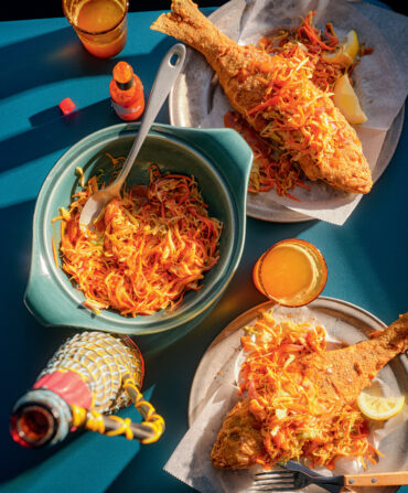 A spread of slaw and fried fish