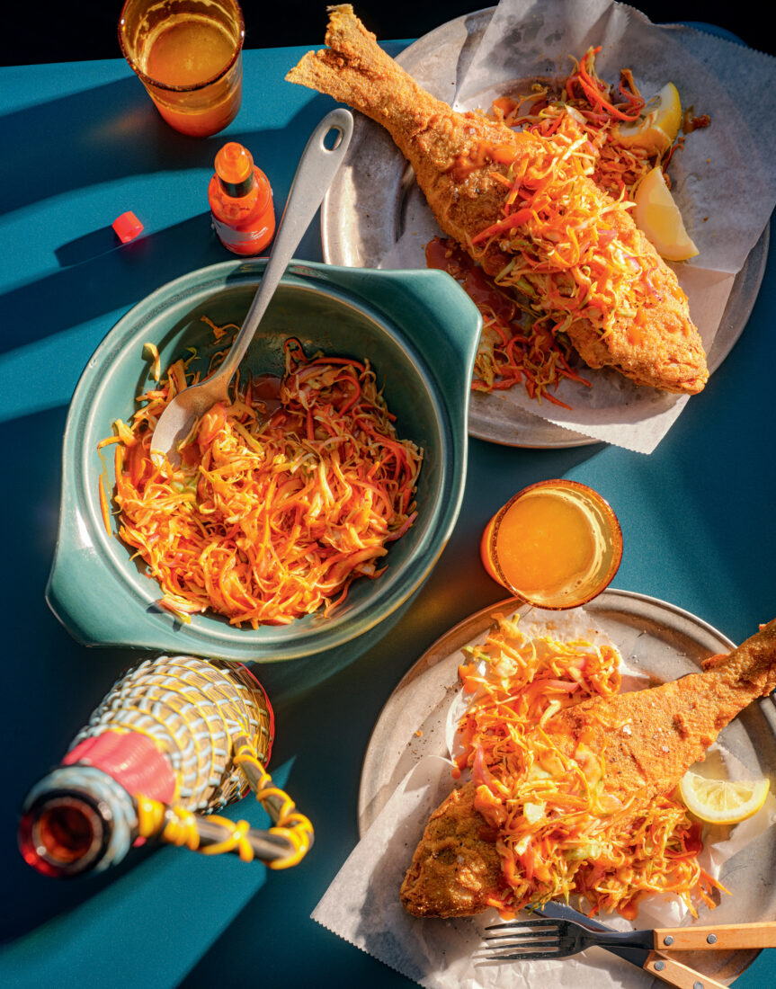 A spread of slaw and fried fish