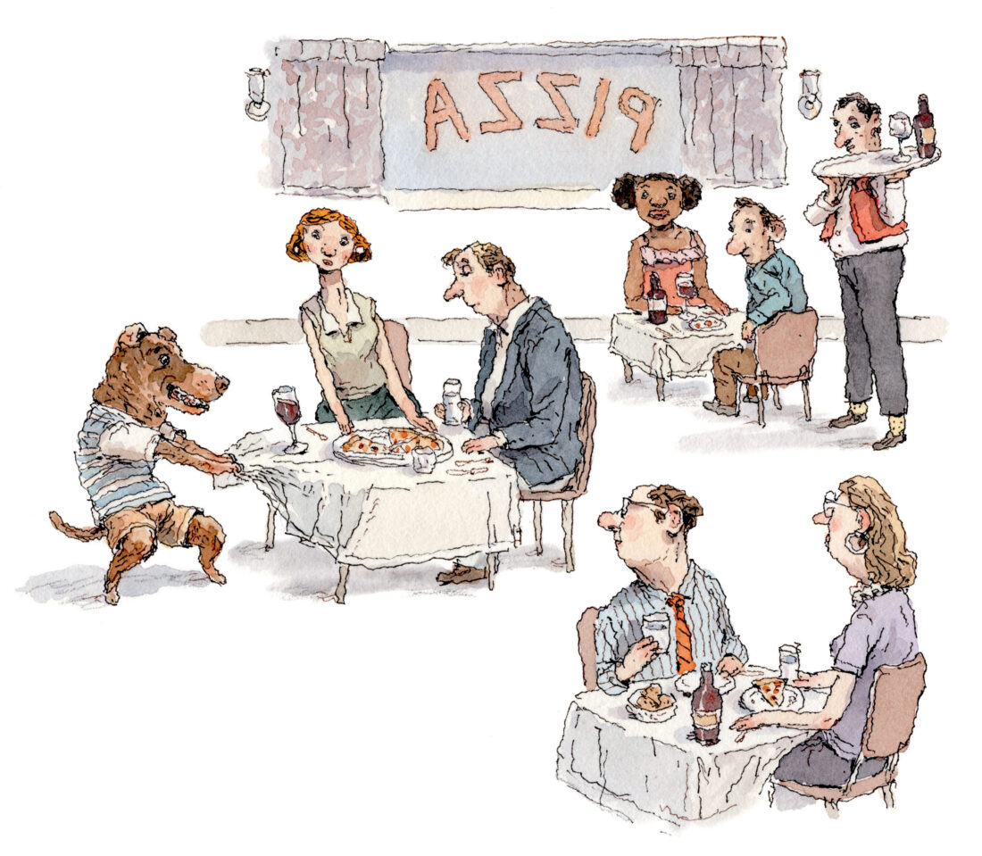 An illustration of a dog pulling tablecloths off dining tables in a restaurant