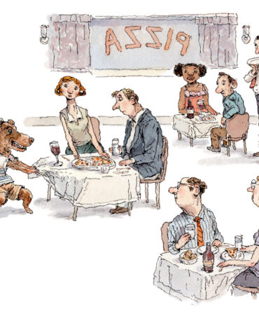 An illustration of a dog pulling tablecloths off dining tables in a restaurant