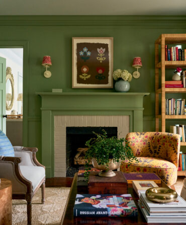 A green living room with colorful book cases