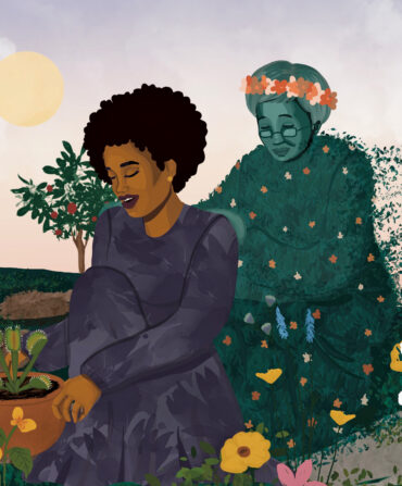 An illustration of a woman gardening with a botanical figure of a woman behind her