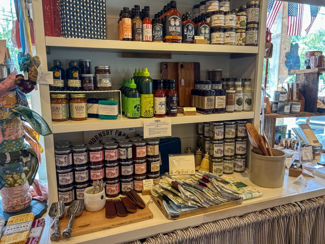 A shop display with food items