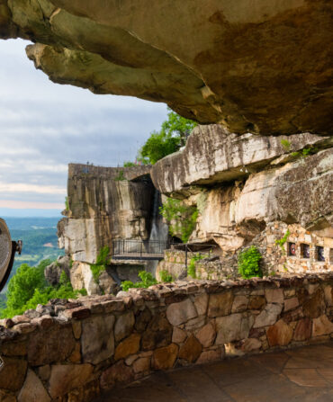 A lookout deck looks over a mountain range