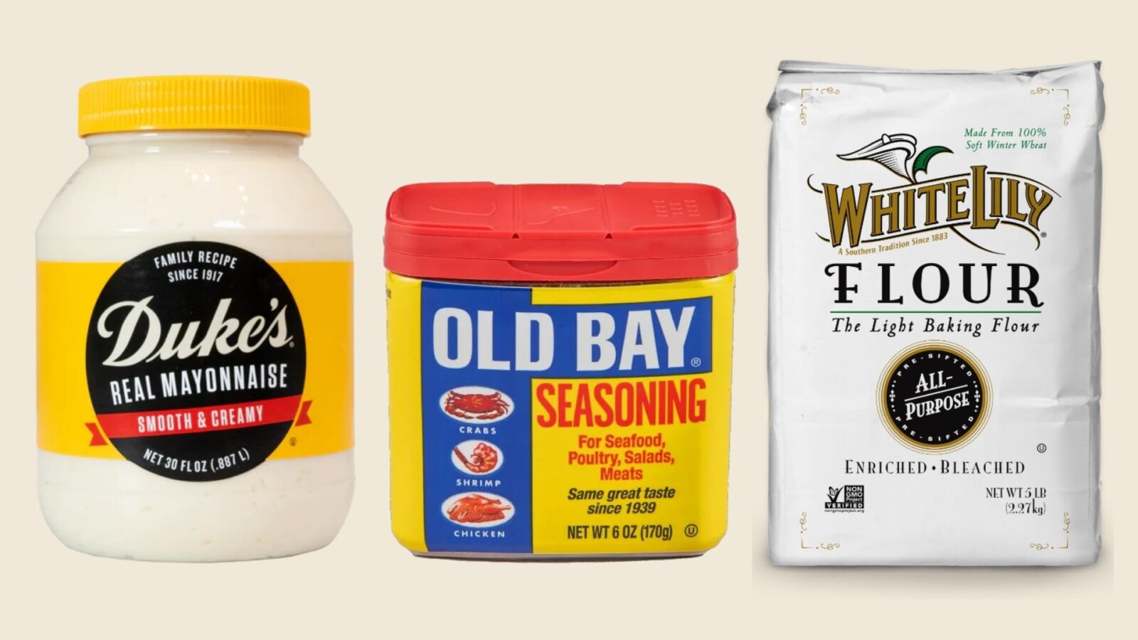 Duke's Mayonnaise, Old Bay seasoning, White Lily Flour