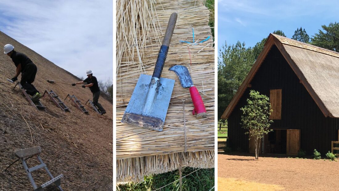 Two people working on the roof, tools used to build the roof, and the finished barn.