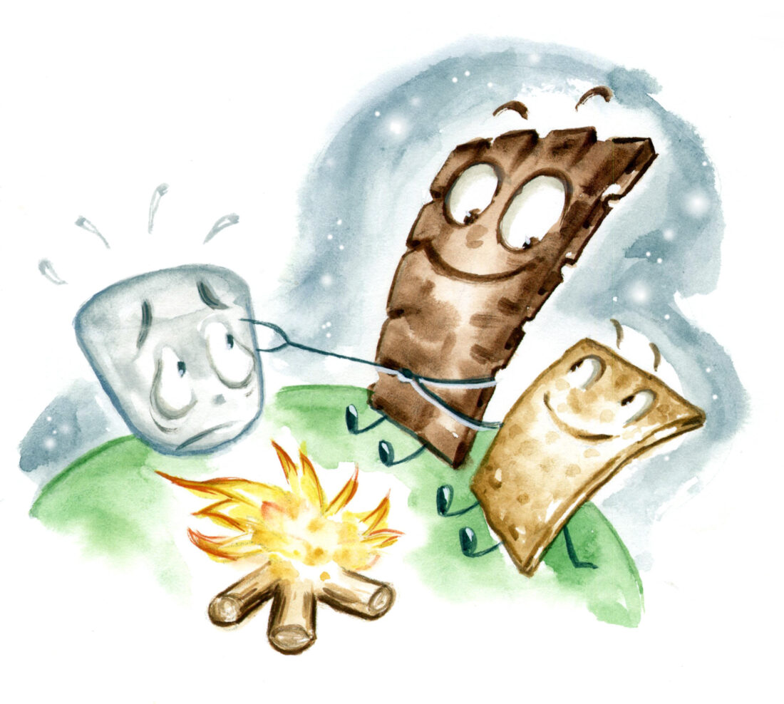 An illustration of a chocolate bar and graham cracker roasting a marshmallow