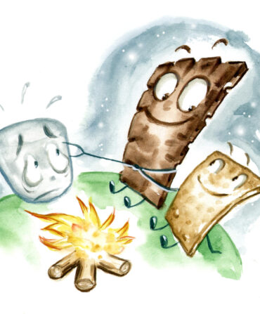 An illustration of a chocolate bar and graham cracker roasting a marshmallow