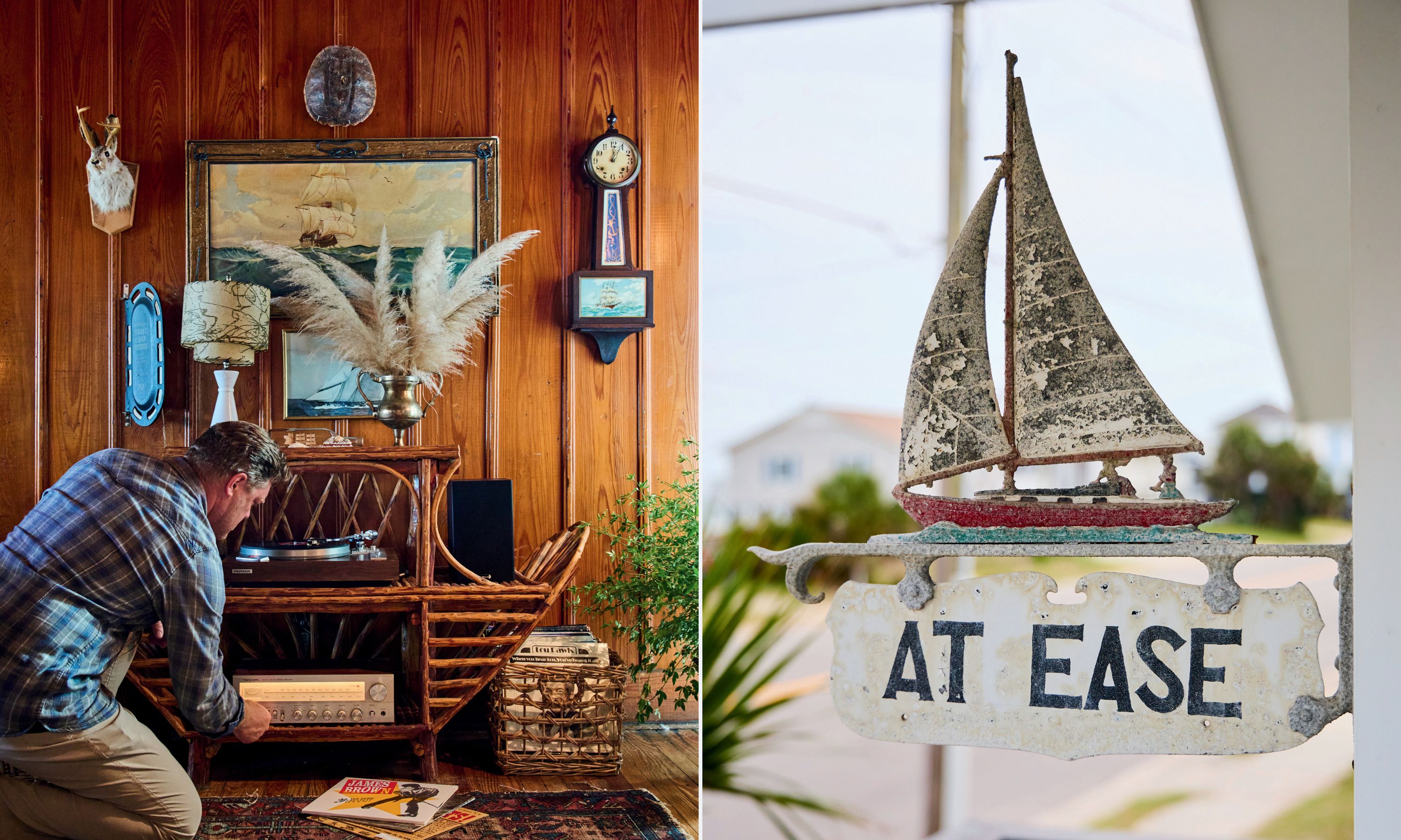 A man with a record collection in a living room; a nautical sailboat sign with the words "At Ease"