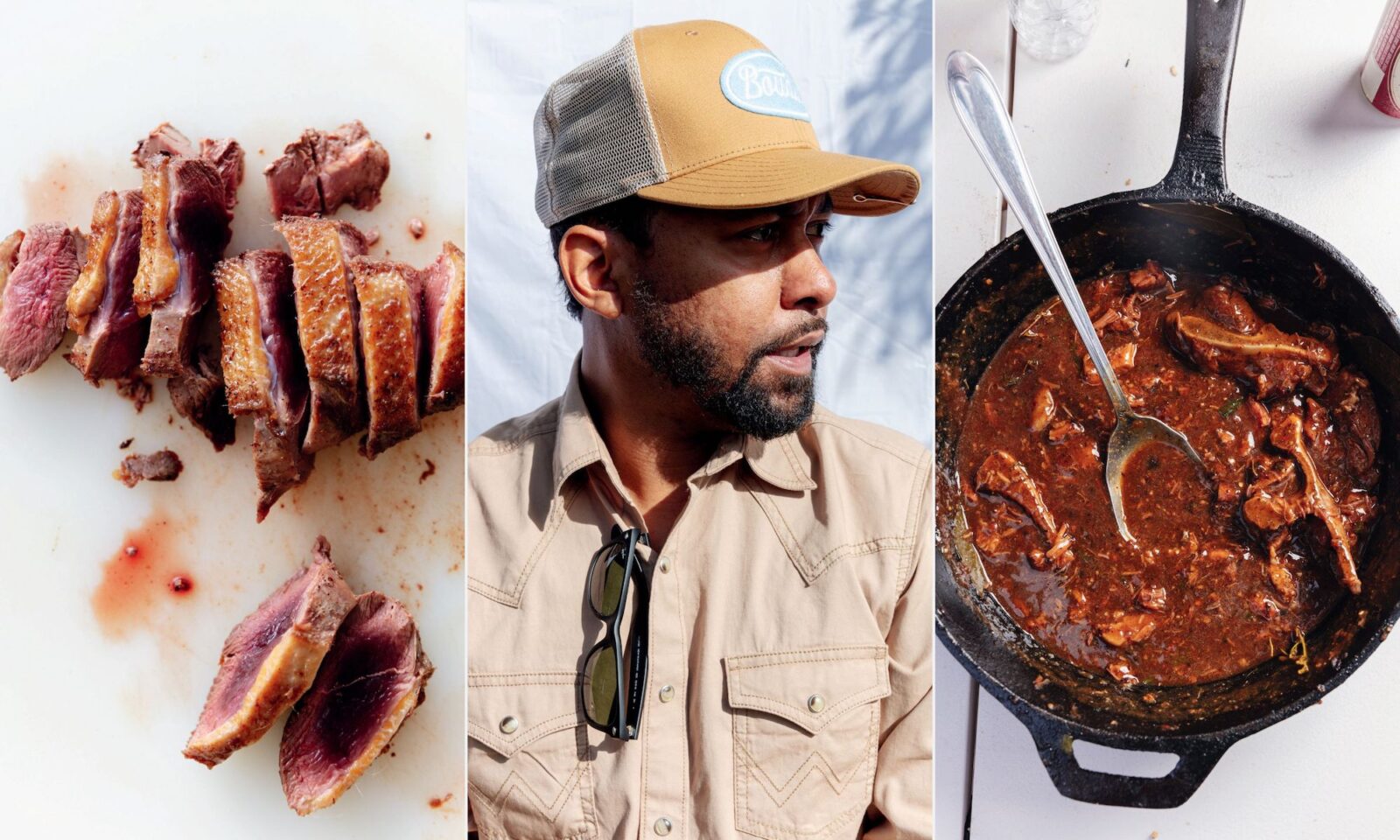 Details of food at the festival and a headshot of a man