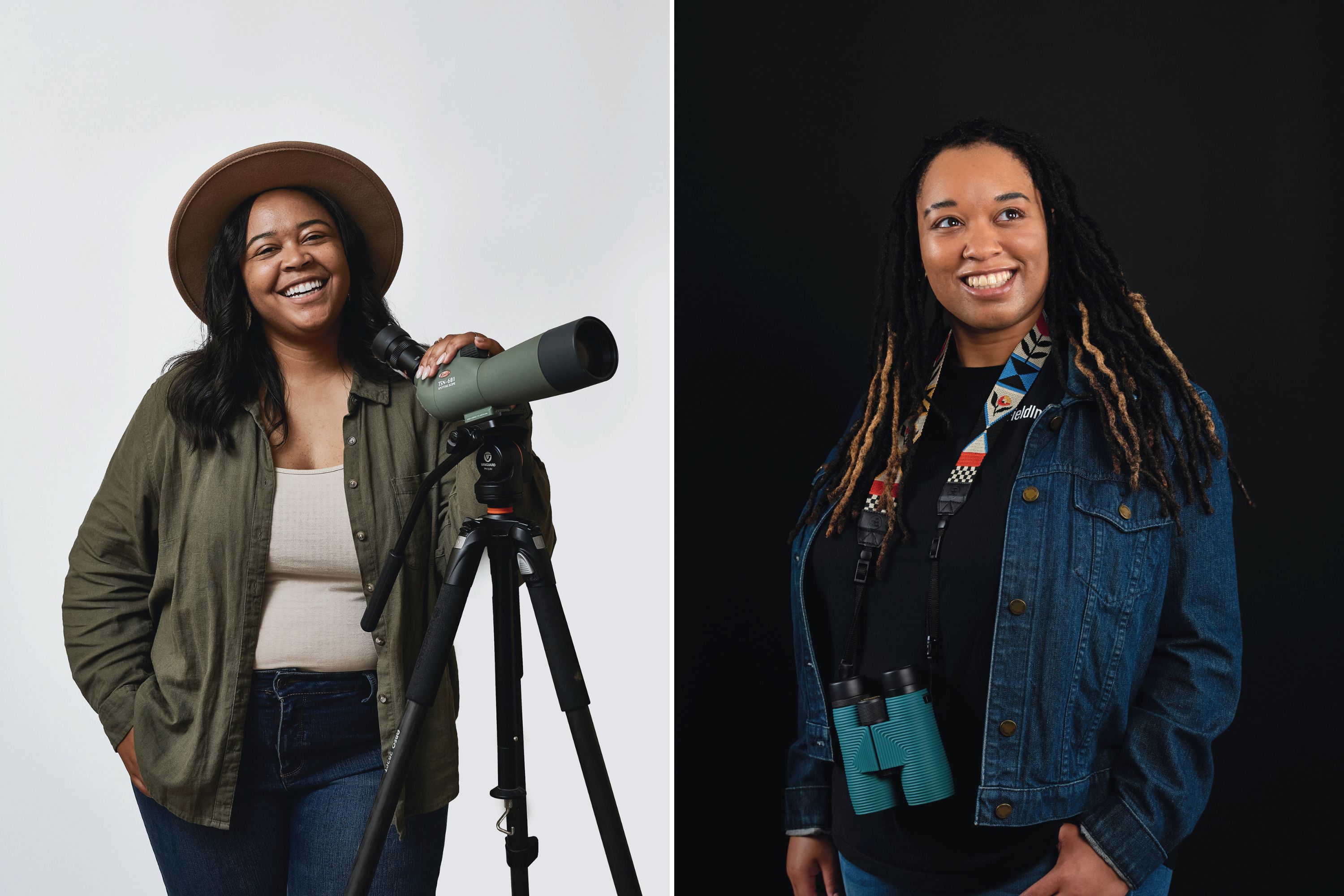 A collage of two portraits of women with binoculars