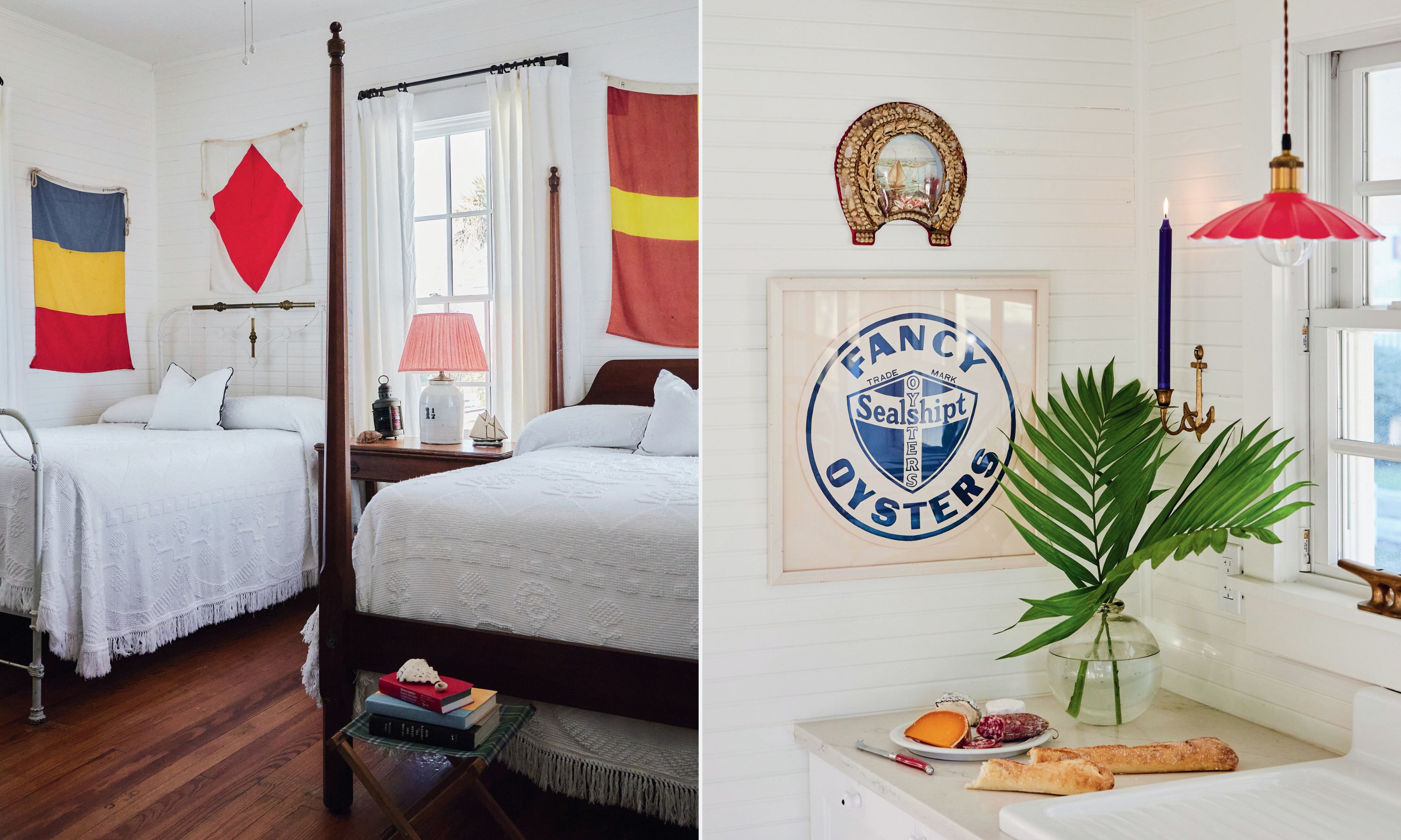 Nautical flags in a white bedroom; a corner of a kitchen with a red light fixture and plants