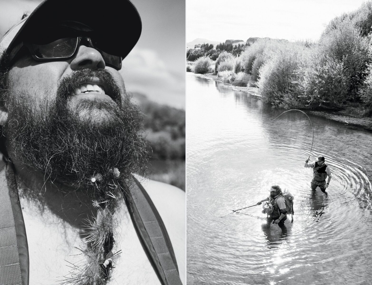 A man with spent flies in his beard; two men fish in a river