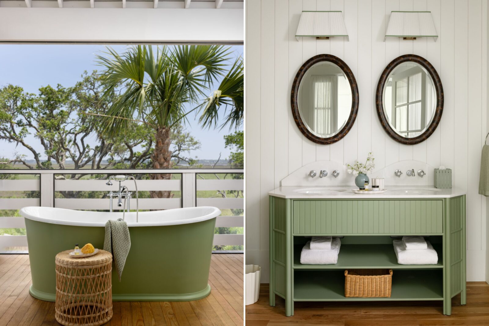 The suite's outdoor tub overlooks the river; the interior bathroom.