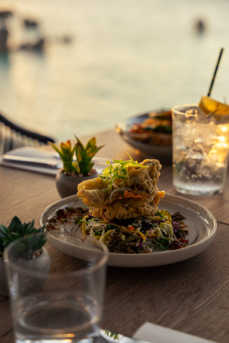 A plate of fried fish on a slaw by the water