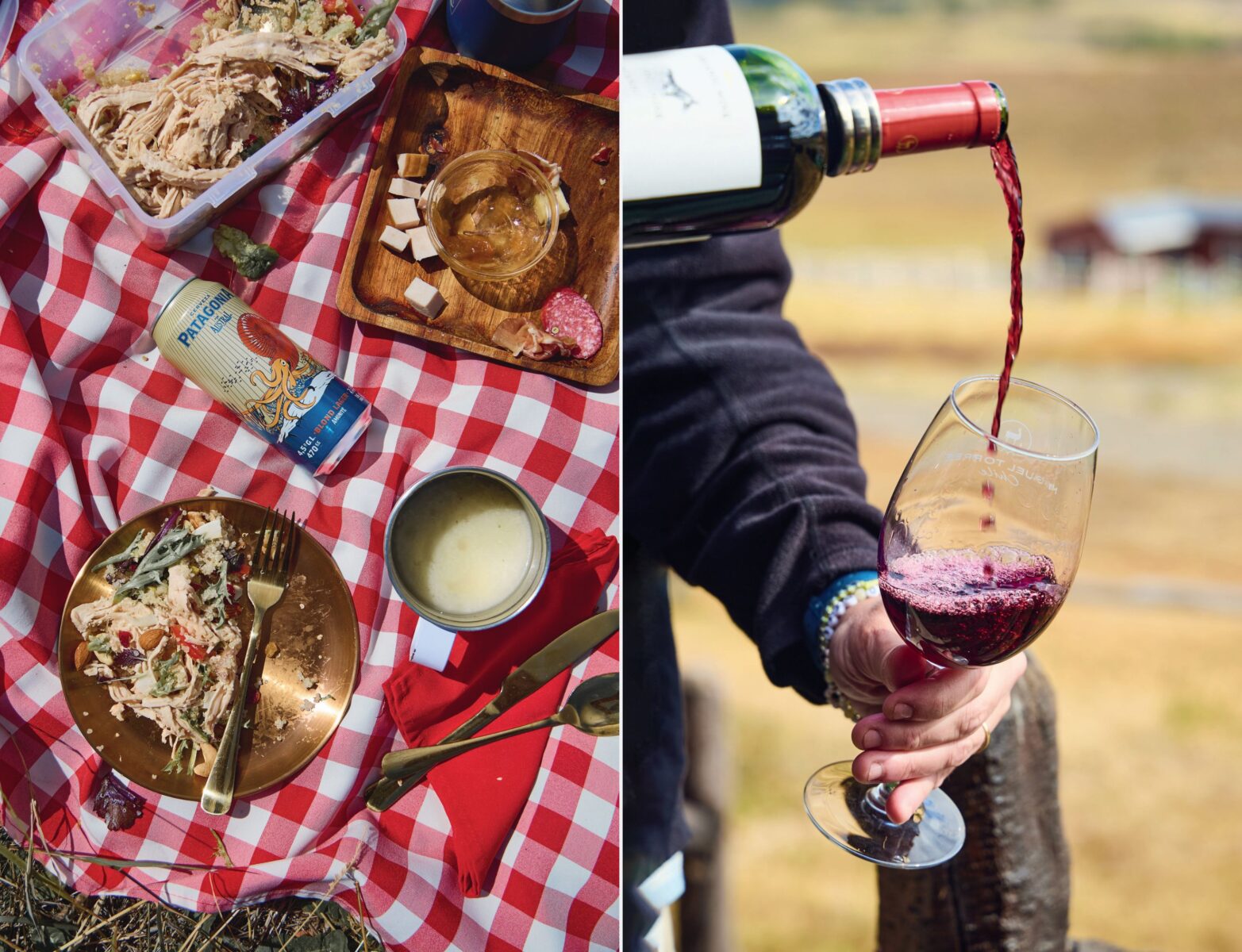 A spread of food on a red and white blanket; a hand pours wine