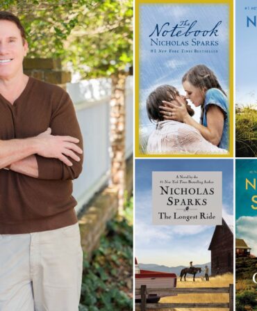 Nicholas Sparks with a collage of some of his book covers