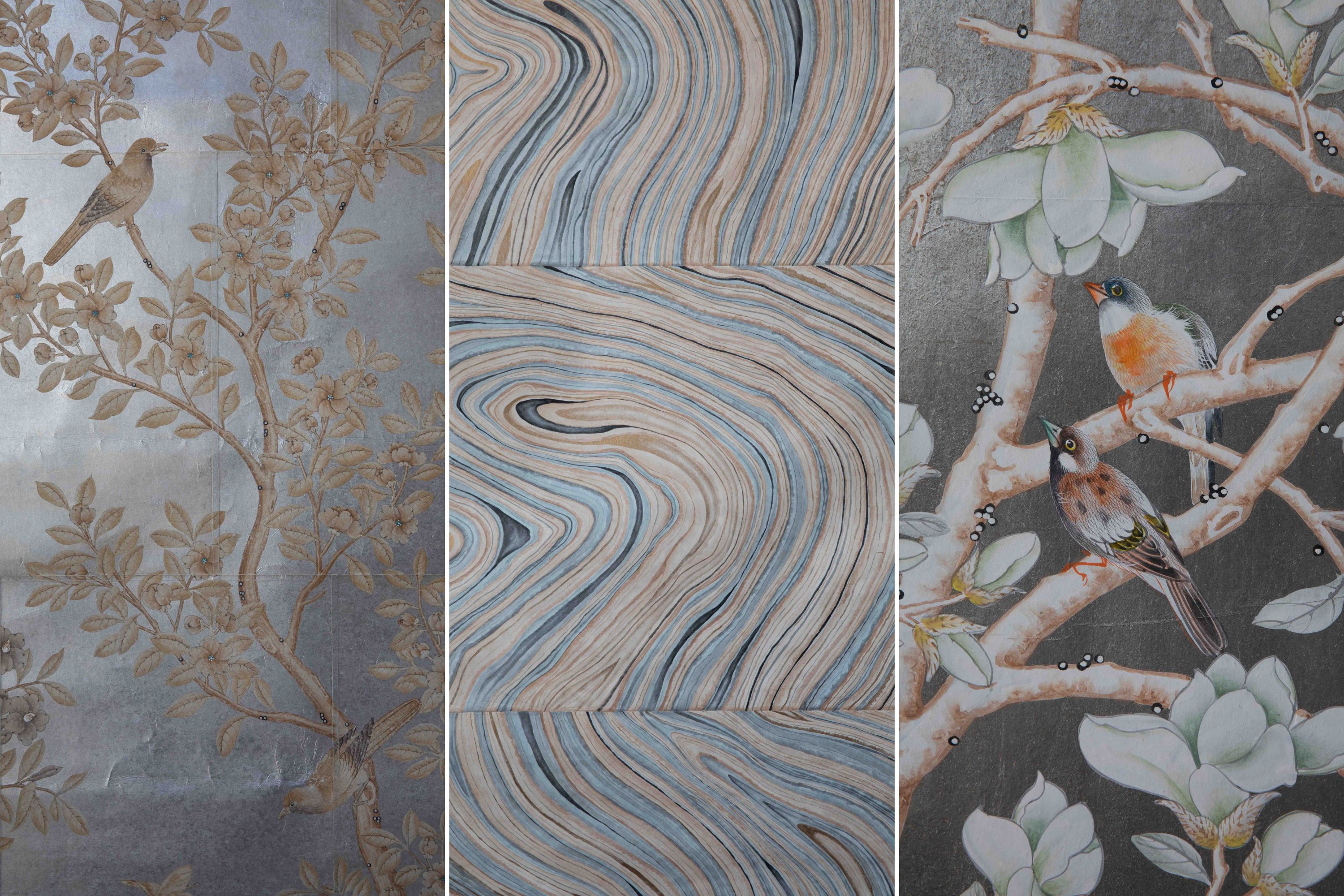 A collage of three different painted floral and patterned wallpapers