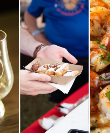 A trio of photos. From left to right, an empty glass, hands holding a beignet, and shrimp and grits