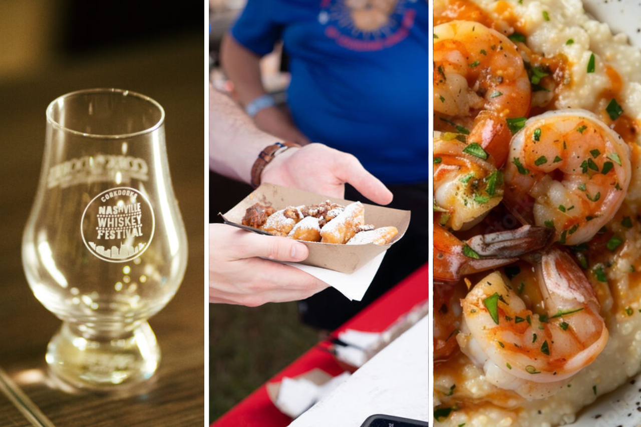 A trio of photos. From left to right, an empty glass, hands holding a beignet, and shrimp and grits