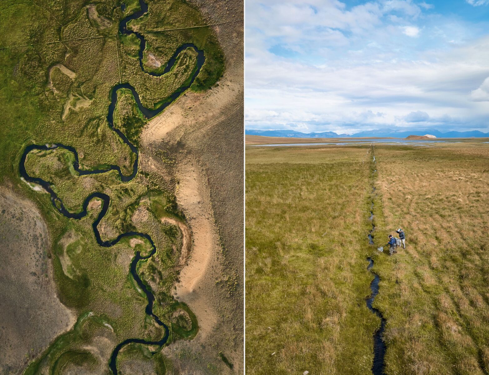 An aerial of a creek and land; a narrow creek in a grassy plain