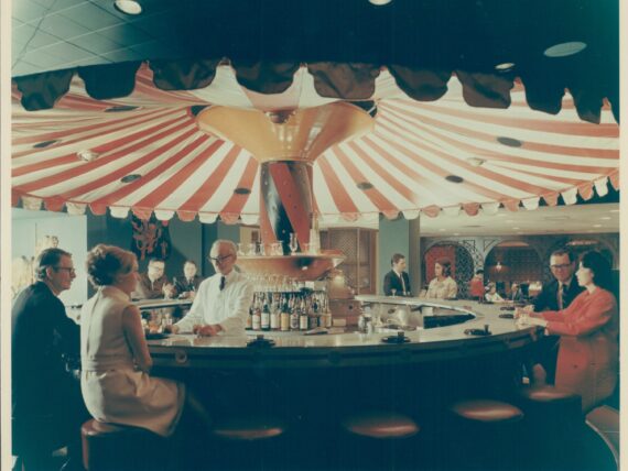 A striped red and white carousel bar