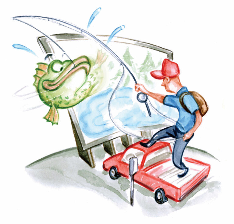 An illustration of a man standing on a truck and reeling in a fish