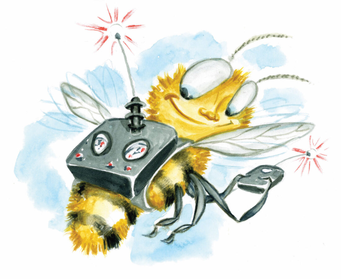 An illustration of a bee with a tracking backpack on