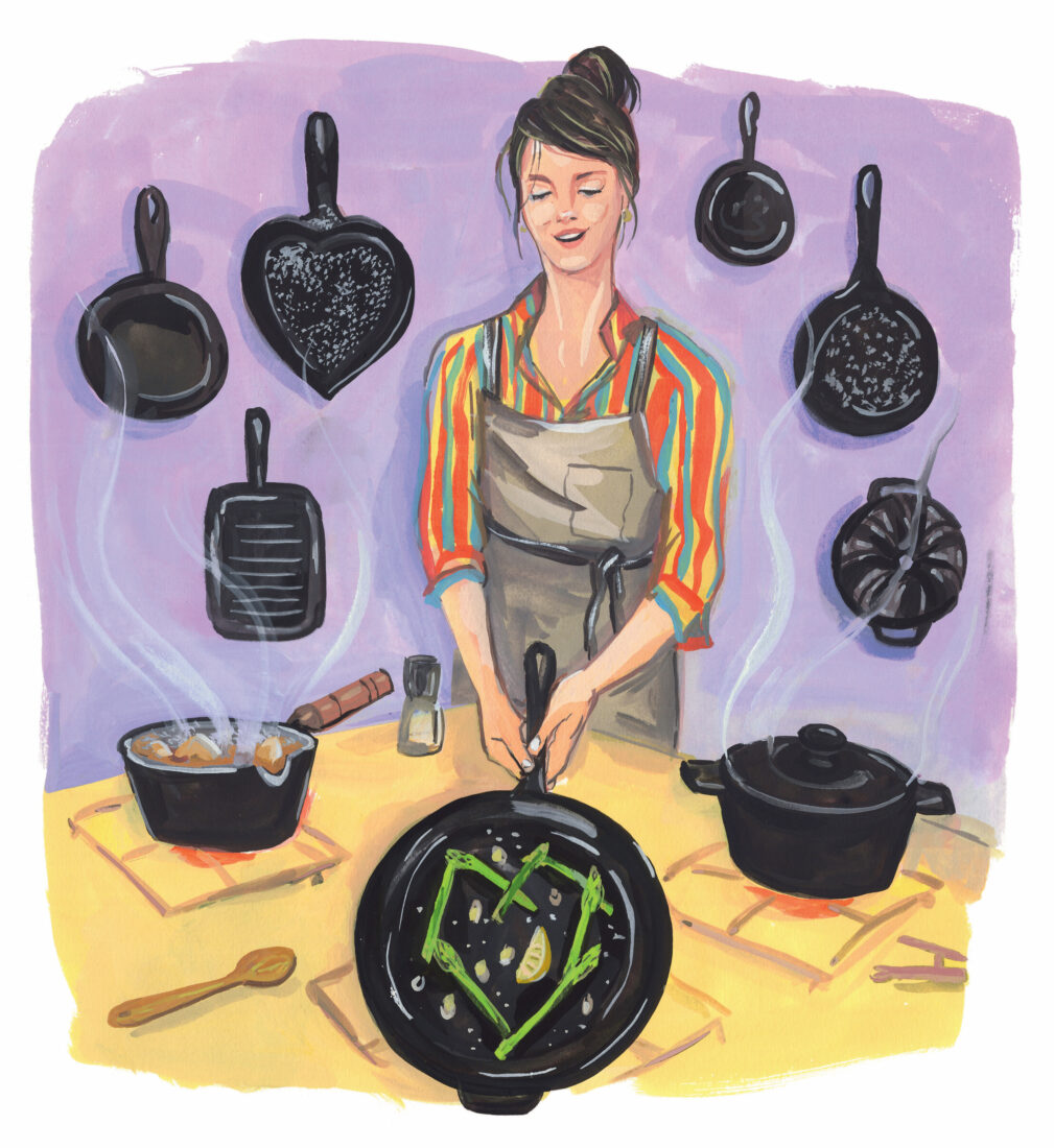 An illustration of a woman with a cast-iron skillet