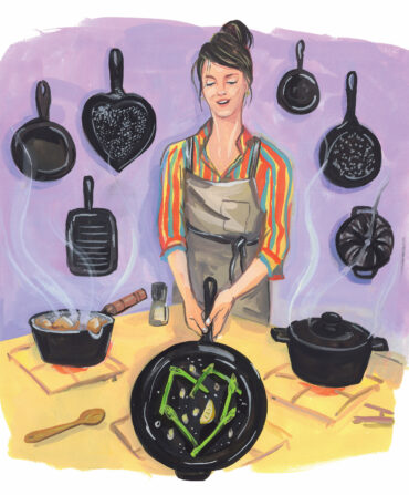 An illustration of a woman with a cast-iron skillet