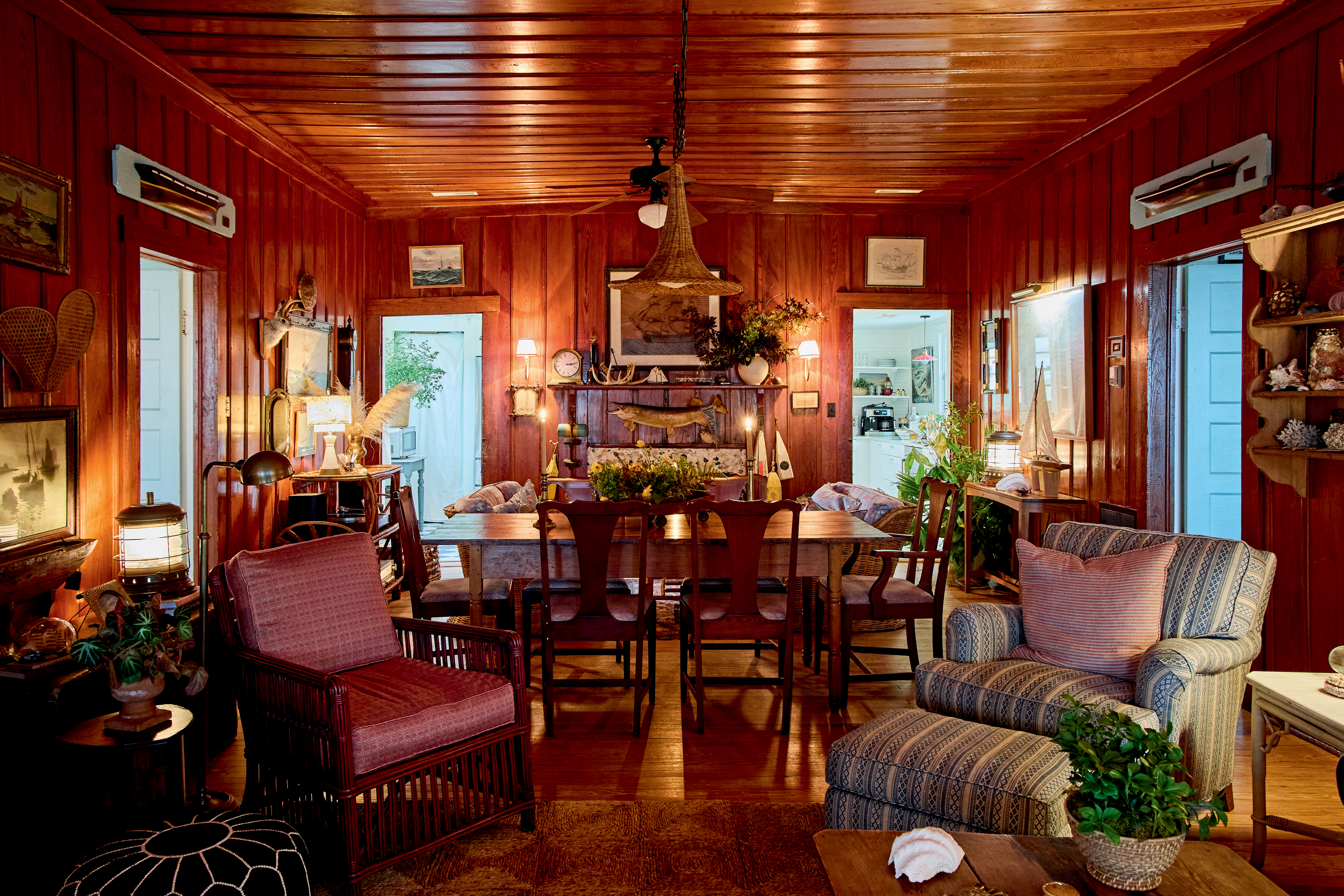 A wood paneled living room