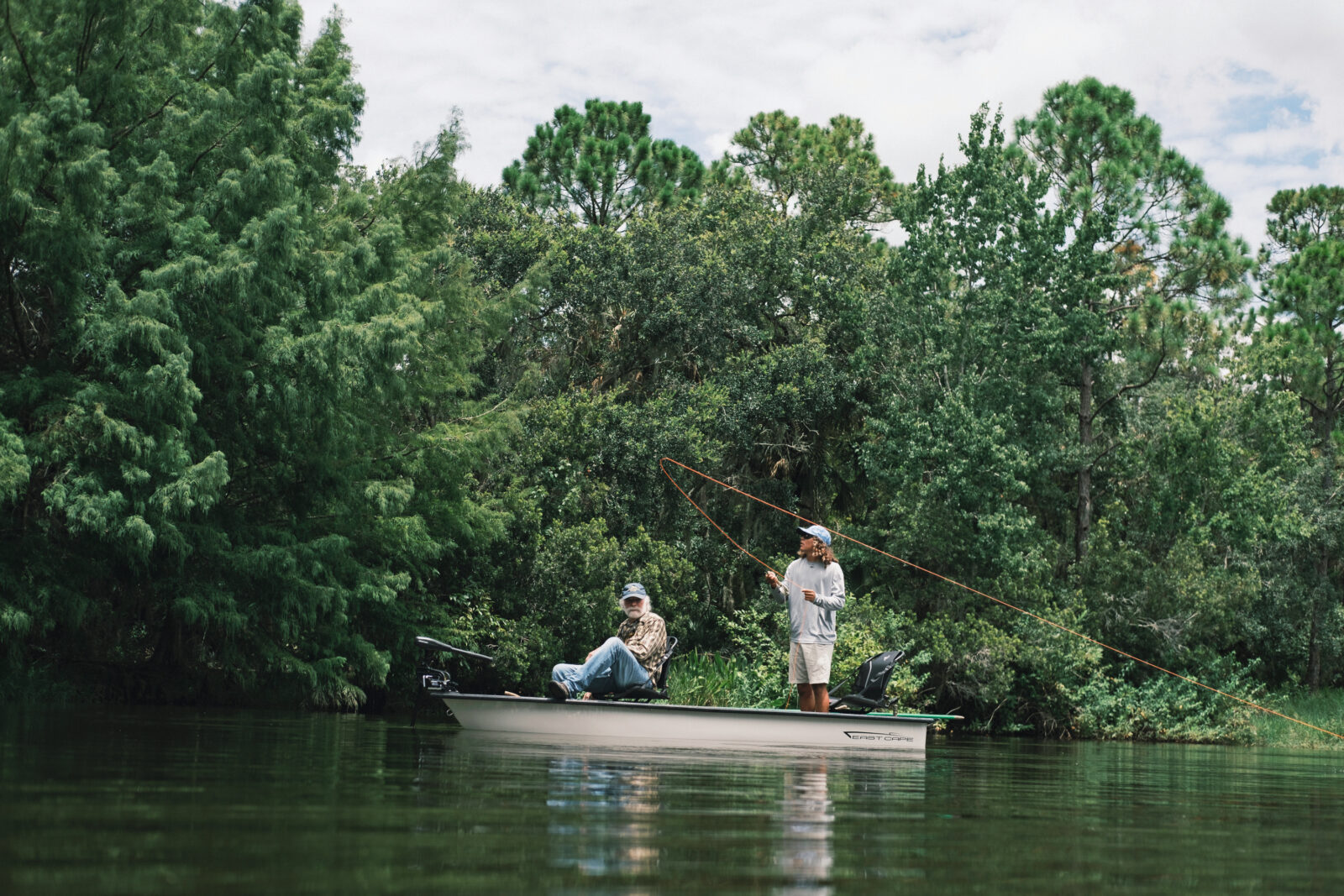 Two men cast from a small boat