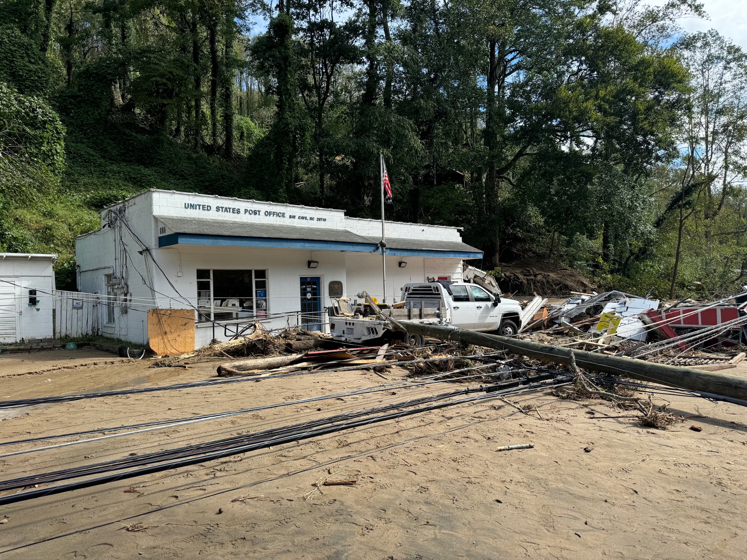 A downed power line in front of an office