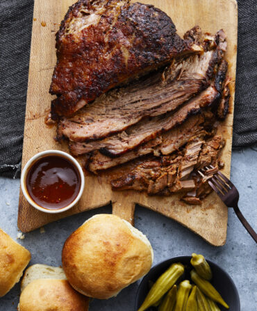 a plate of brisket and sides