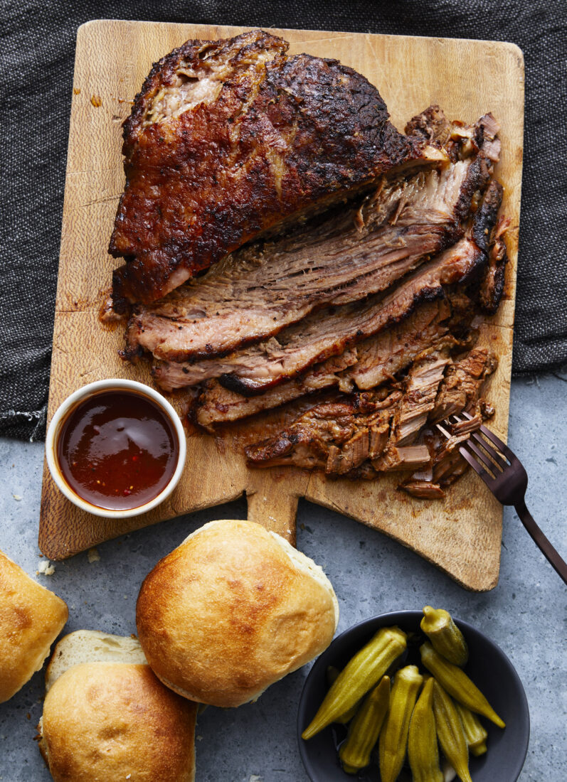 a plate of brisket and sides