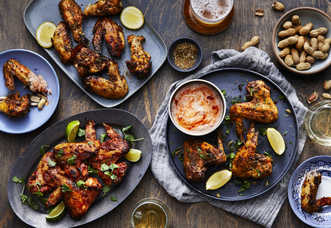 An assortment of wings on platters